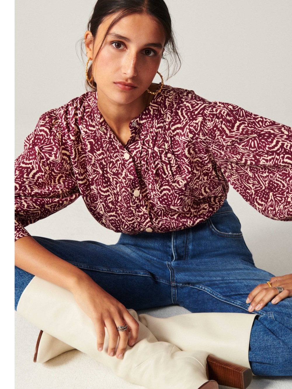ba&sh Burgundy and Cream Printed Lio Button-Front Blouse